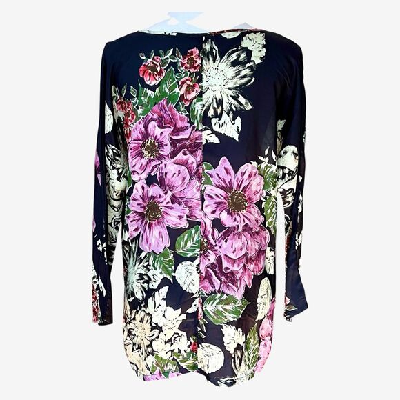 Johnny Was Tunic Top Blue Purple Cream Floral Silk Med - Picture 3 of 9